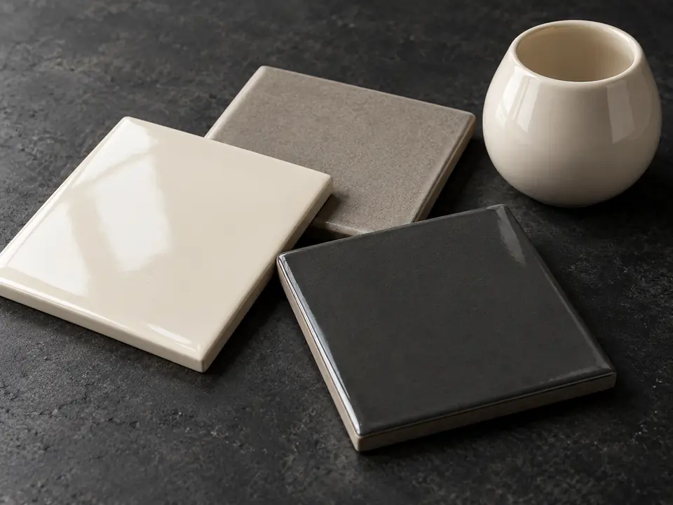 AI application illustration of ivory, grey and graphite glazed ceramic tiles with a small glazed vessel