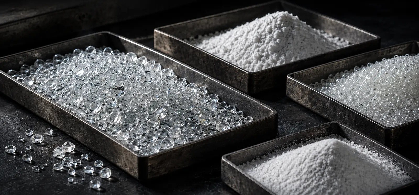 AI material illustration of glass and frit granules and powders in dark sample trays