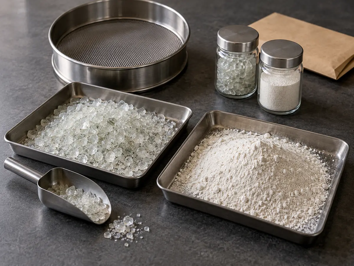 AI concept illustration of a material review bench with glass and powder samples, a steel sieve, sampling scoop and sample jars