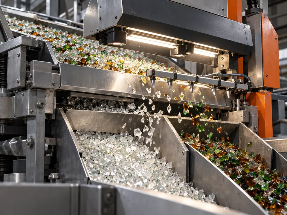 Illustrative optical sorter separating clear and coloured glass into different chutes