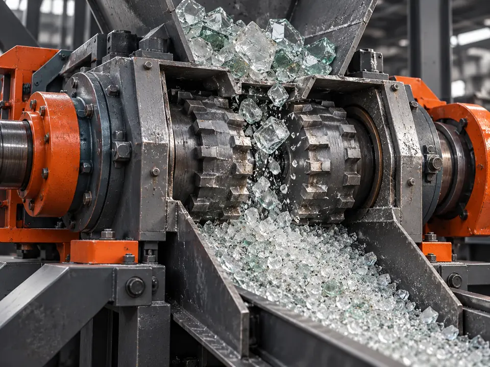 Illustrative crusher with larger glass pieces entering and smaller chips leaving