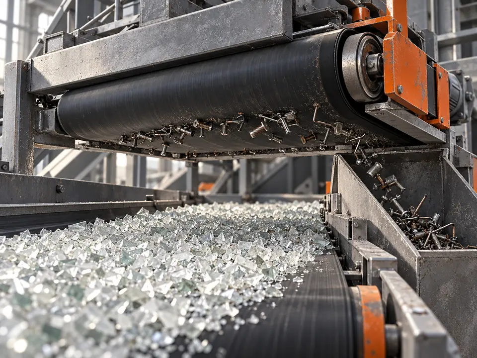 Illustrative magnetic separator removing ferrous pieces above a glass conveyor