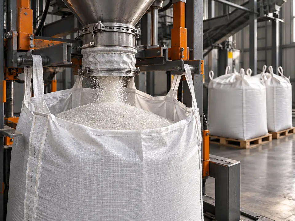 Illustrative bulk-bag filling station with palletised bags prepared for dispatch