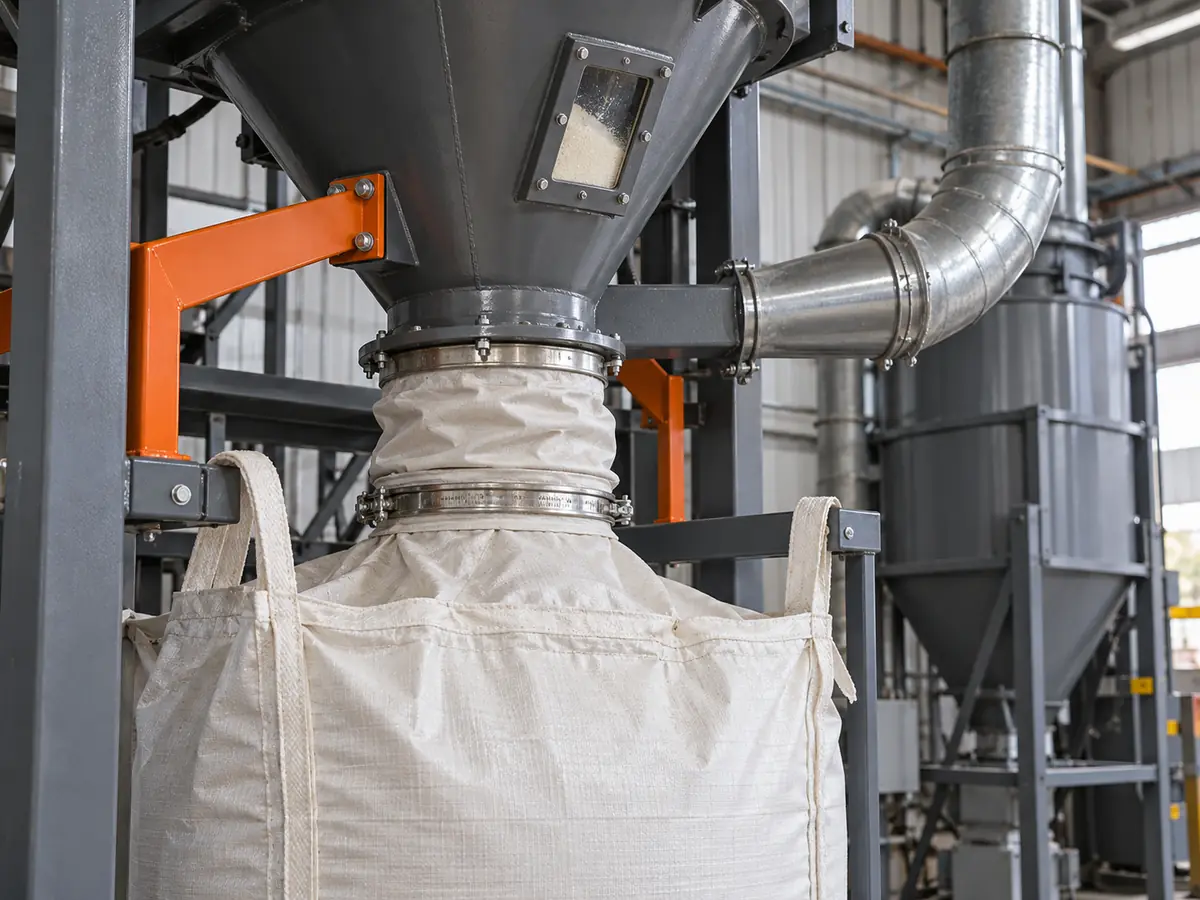 AI illustration of an enclosed powder transfer station with extraction ducting and a sealed bulk-bag connection