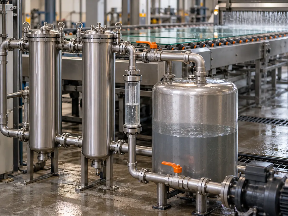 AI illustration of process-water filtration housings, a holding tank, valves and connected pipes
